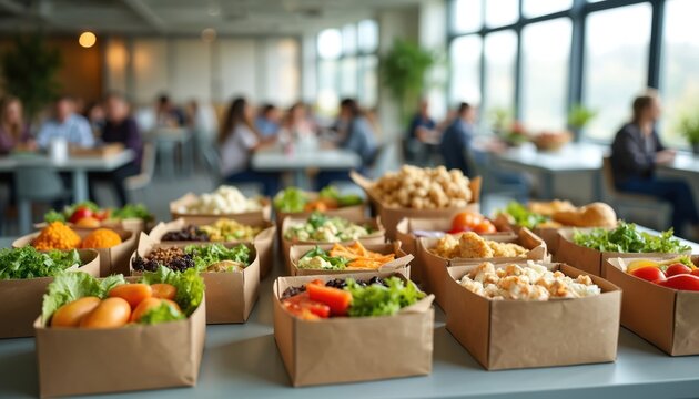 Variety of boxed lunches displayed table break room. Packed with fresh salads vegetables fruits. Healthy food options for employees enjoy lunchtime. Corporate catering service provides balanced