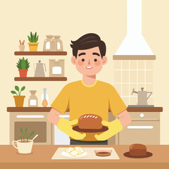 A man holds freshly baked bread in his hands in a cozy kitchen