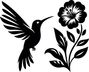 Hummingbird Hovering Near Hibiscus Flower in Silhouette