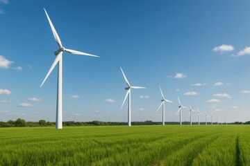 Fototapeta premium Renewable energy landscape with wind turbines across green fields under a blue sky