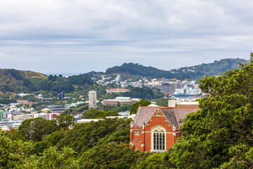 Cityscape of Wellington capital city of New Zealand. Aerial View from Kelburn Park. St Gerard's Church and Monastery