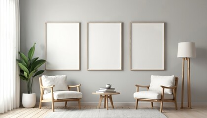 Modern living room with three blank frames for art photos above two armchairs, lamp. Neutral colors design with natural materials. Perfect for interior design projects, artwork product displays.