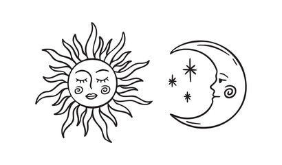 Moon and sun faces outline, set of beautiful mystical cartoon doodle elements, sunshine and crescent cosmic symbols. Sun and moon whimsical boho style