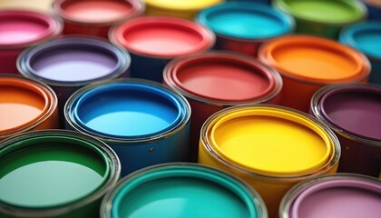 Fototapeta premium Close-up of colorful open paint cans arranged neatly. Vivid color palette perfect for home decor, interior design. Art supply, artist tools for painting, home improvement projects.