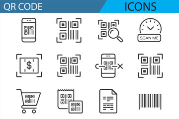Line Icons Representing QR Code Scanning, Products, and Retail