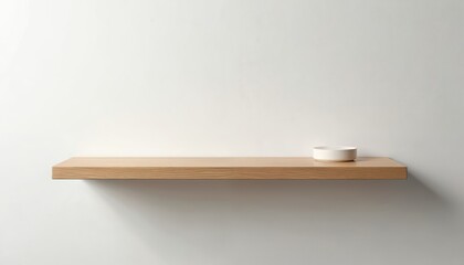Minimalist wooden shelf attached white wall. Modern home decor, interior design. Floating shelf for display, decor, plants, books. Simple design offers storage space for living room, office.