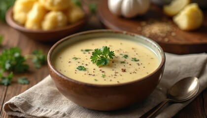 Delicious creamy cauliflower soup garnished with fresh parsley. Homemade meal bowl on wooden table with spoon. Healthy food, vegetarian dish for lunch dinner.