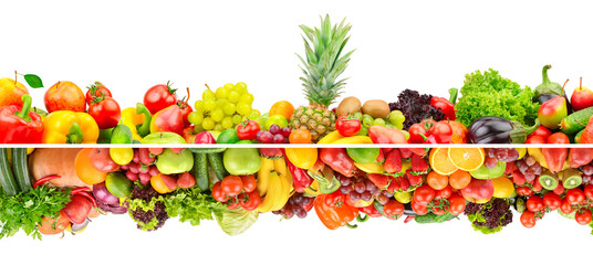 Collection of bright fresh and ripe fruits, vegetables and berries isolated on white