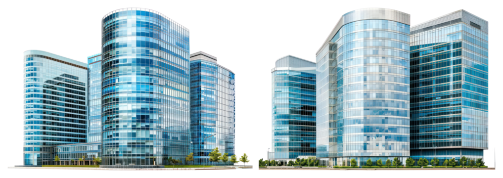 PNG Modern glass office buildings skyline, element set on transparent background