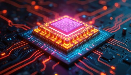 Obraz premium Abstract illustration digital processor glowing brightly. Futuristic tech circuit board with light lines, chips. Advanced data processing, computer system innovation in neon colors. High tech,