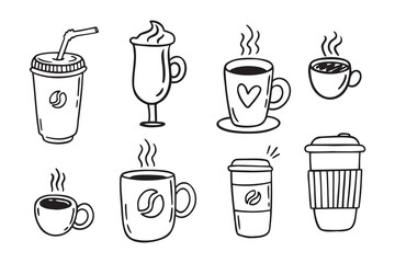 Coffee cups doodle set. coffee cup hand drawn line signs. Outline coffee cups