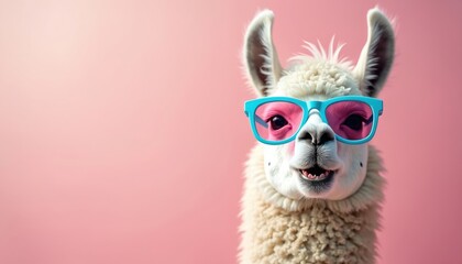 Fototapeta premium Charming llama wears fashionable sunglasses. Pastel pink background. Playful, trendy animal concept. Great commercial, editorial use. Surreal, whimsical image for advertising, marketing, social media.