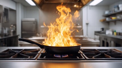 Flames engulfing a frying pan on a stove in a commercial kitchen.
