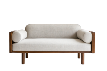 Elegant Mid-Century Modern Sofa:  Beige Linen Upholstery and Dark Wood Frame in Transparent Background