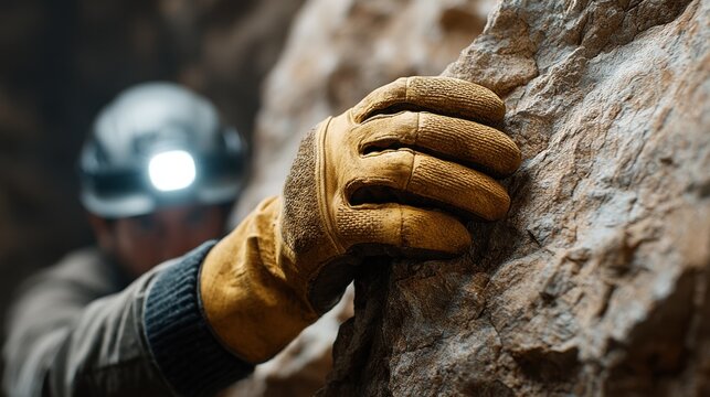 Gloved hand gripping a rough rock surface, a man with headlamp explores a dark cave.