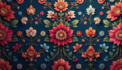 Intricate damask-style floral wallpaper, rich jewel tones, vintage, intricate