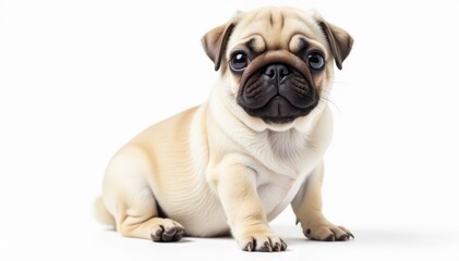 Adorable pug dog sitting, isolated on white background, brown, loyal, mammal