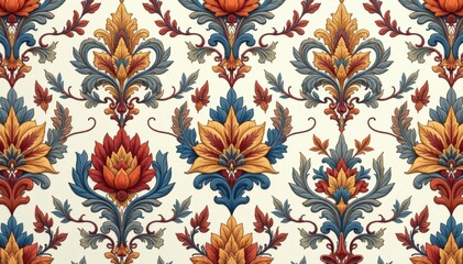 Intricate floral damask pattern, elegant swirls and leaves , tapestry, motif