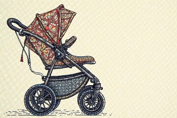 Intricate stroller line art, geometric pattern, neutral tones, dark, tones, white
