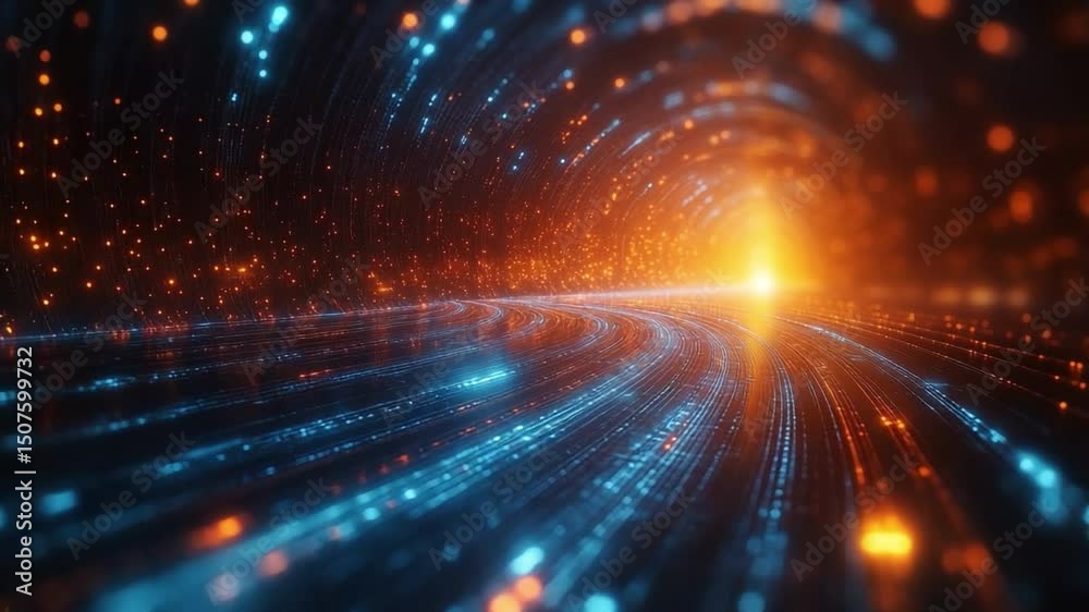 Poster abstract digital tunnel with luminous particles: an immersive digital depiction of a tunnel, rendere