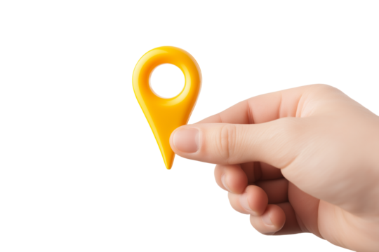 Hand holding yellow location marker pin  isolated on white background