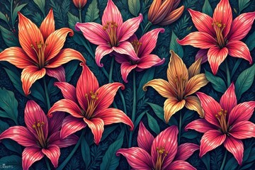Intricate line art lilies form a dense, geometric pattern , seamless, design