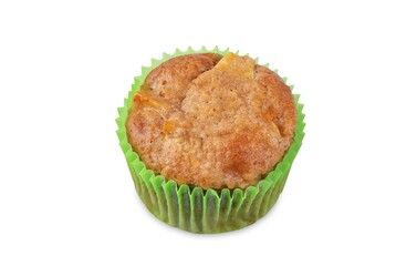 Cinnamon muffins with pear slices on a white isolated background