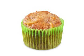 Cinnamon muffins with pear slices on a white isolated background