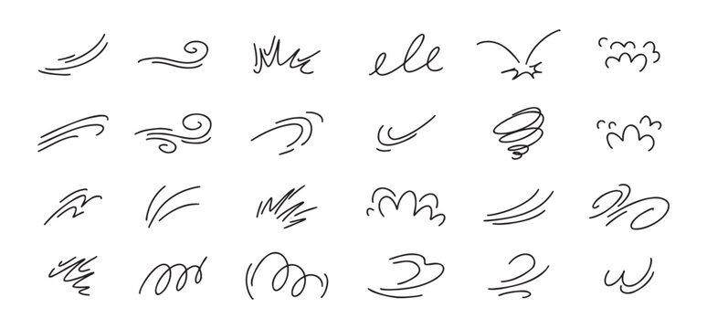 Doodle line wind moving set. Breath of the typhoon. Flat wind moves Vector isolated illustration