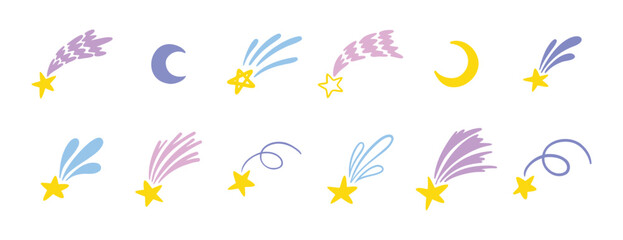 shooting stars doodle set. stars and moon isolated vector childish naive hand drawn cartoon illustration