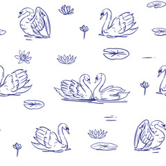 Swan, seamless pattern, vector sketch illustrations, hand drawn, monochrome