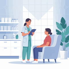 Flat Vector Illustration of Female Doctor Consulting Patient in Clinic – Modern Minimal Healthcare Concept in Soft Pastel Colors