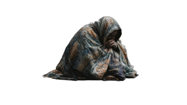 Huddled Figure in Blanket, Seeking Shelter and Warmth