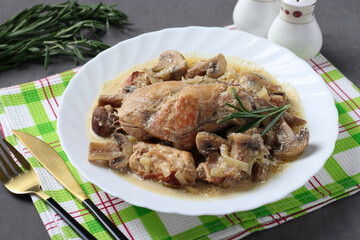 Rabbit meat with mushrooms and sour cream sauce in white plate on gray background