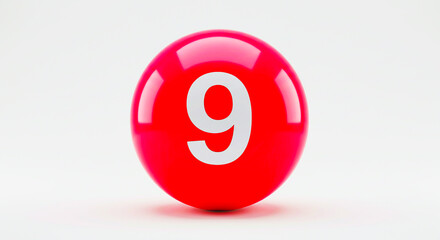 A pink ball with the number nine in white on it centered on a plain white background and surface view
