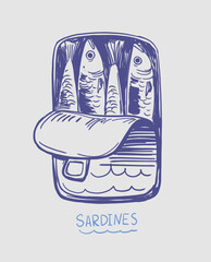 Sardines in a can, fish, seafood, vector illustration set, hand drawn sketch