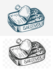 Sardines in a can, fish, seafood, vector illustration set, hand drawn sketch