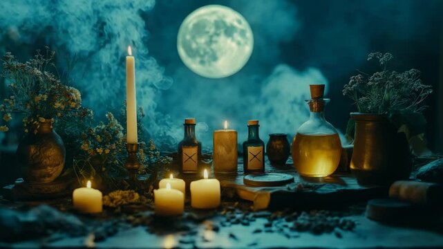 Mystical candlelit altar with potion bottles, herbs, and smoke under full moonlight, deep blue and gold tones, cinematic video for witchcraft visuals, Halloween stories, alternative spirituality conte