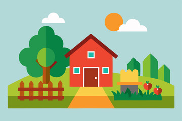 Rural vector illustration of a house and tree in a summer landscape with sky and clouds