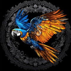 Detailed illustration of a macaw in flight, adorned with intricate designs.