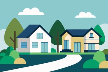 A charming vector illustration of a suburban house on a hill, surrounded by nature with trees and a clear sky