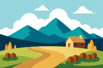 Vector illustration of a rural mountain landscape with green grass, trees, and a clear sky
