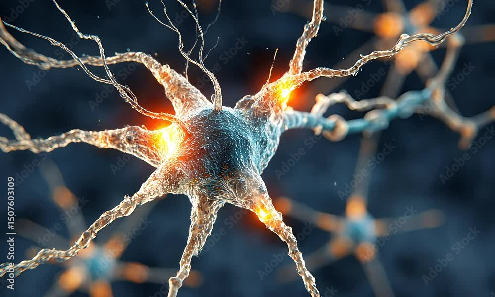Poster Close-up 3D animation of neuron firing with glowing synapses and nerve branches, symbolizing brain activity, neural connection, science, and artificial intelligence