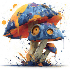 Graffiti-style mushroom with eyes and surreal paint lines, isolated on white background