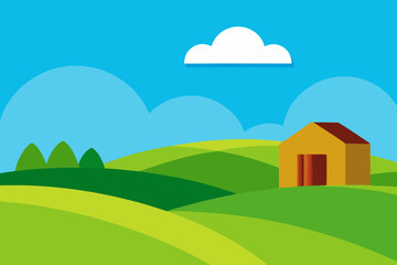 Summer cartoon landscape with a house on a green hill, sun, clouds, and trees