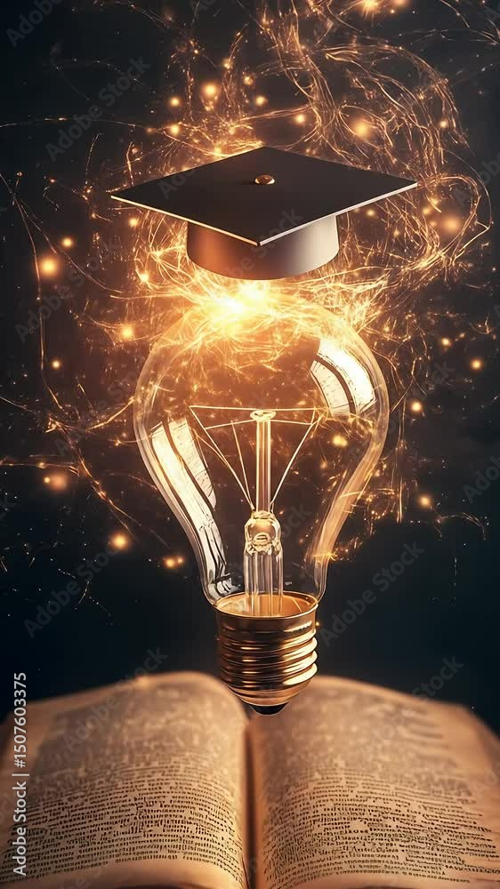 Poster surreal animation of glowing light bulb wearing graduation cap floating above old book, symbolizing 
