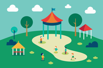 A charming summer landscape illustration of a village with trees, a house, and clouds in the sky