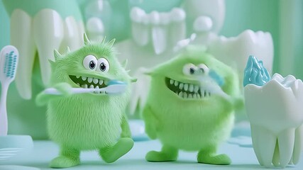 Two green cartoon monsters brushing teeth with oversized toothbrush and tooth model, symbolizing fun dental hygiene, kids education and healthy habits