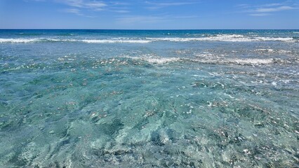 Pure and clear turquoise water of the Sardinian sea at Berchida beach south of Siniscola, in the...