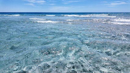 Pure and clear turquoise water of the Sardinian sea at Berchida beach south of Siniscola, in the...